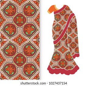 Vector fashion illustration, stylized Indian sari women's ethnic dress model, decorative seamless ornamental pattern for textile fabric, paper print, invitation or business card design. Isolated eleme