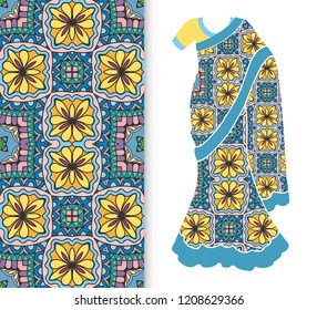 Vector fashion illustration, stylized Indian sari women's ethnic dress model, decorative seamless ornamental pattern for textile fabric, paper print, invitation or business card design. Isolated eleme
