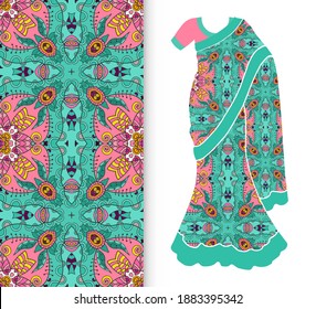 Vector fashion illustration, stylized Indian sari women's ethnic dress model, decorative seamless ornamental pattern for textile fabric, paper print, invitation or business card design. Isolated eleme