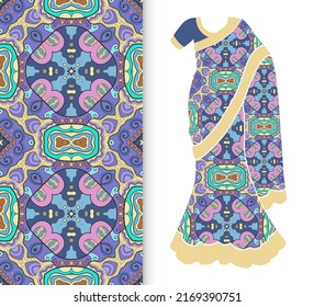 Vector Fashion Illustration, Stylized Indian Sari Women's Ethnic Dress Model, Decorative Seamless Ornate Pattern For Textile Fabric, Paper Print, Invitation Or Business Card Design. Isolated Elements