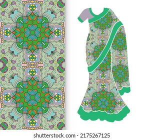 Vector Fashion Illustration, Stylized Indian Sari Women's Ethnic Dress Model, Decorative Seamless Ornate Pattern For Textile Fabric, Paper Print, Invitation Or Business Card Design. Isolated Elements