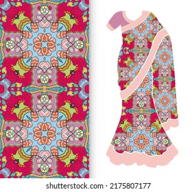 Vector Fashion Illustration, Stylized Indian Sari Women's Ethnic Dress Model, Decorative Seamless Ornate Pattern For Textile Fabric, Paper Print, Invitation Or Business Card Design. Isolated Elements