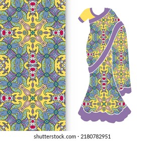 Vector Fashion Illustration, Stylized Indian Sari Women's Ethnic Dress Model, Decorative Seamless Ornate Pattern For Textile Fabric, Paper Print, Invitation Or Business Card Design. Isolated Elements