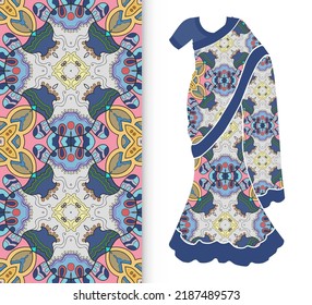 Vector Fashion Illustration, Stylized Indian Sari Women's Ethnic Dress Model, Decorative Seamless Ornate Pattern For Textile Fabric, Paper Print, Invitation Or Business Card Design. Isolated Elemement