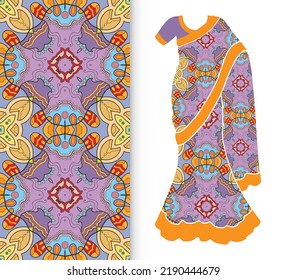 Vector Fashion Illustration, Stylized Indian Sari Women's Ethnic Dress Model, Decorative Seamless Ornate Pattern For Textile Fabric, Paper Print, Invitation Or Business Card Design. Isolated Elemement