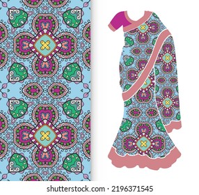 Vector Fashion Illustration, Stylized Indian Sari Women's Ethnic Dress Model, Decorative Seamless Ornamental Pattern For Textile Fabric, Paper Print, Invitation Or Business Card Design. Isolated 