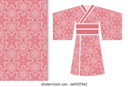 Vector fashion illustration. Stylized Japanese kimono ethnic clothes and seamless doodle pattern. Hand drawn repeating lace texture, floral geometric ornament. Isolated design elements