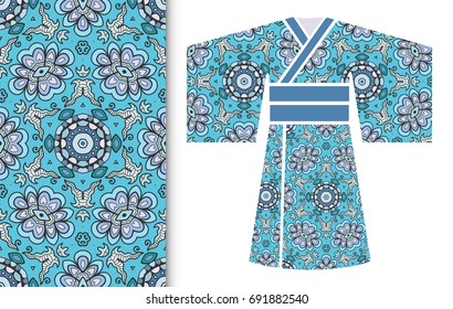 Vector fashion illustration. Stylized Japanese kimono ethnic clothes and colorful seamless doodle pattern. Hand drawn repeating texture, floral geometric ornament. Isolated design elements