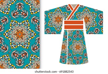 Vector fashion illustration. Stylized Japanese kimono ethnic clothes and colorful seamless doodle pattern. Hand drawn repeating texture, floral geometric ornament. Isolated design elements