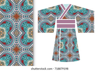 Vector fashion illustration. Stylized Japanese kimono ethnic clothes and colorful seamless doodle pattern. Hand drawn repeating texture, floral geometric ornament. Isolated design elements