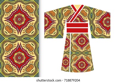 Vector fashion illustration. Stylized Japanese kimono ethnic clothes and colorful seamless doodle pattern. Hand drawn repeating texture, floral geometric ornament. Isolated design elements