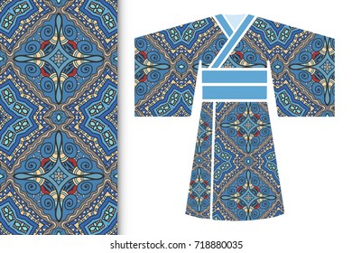 Vector fashion illustration. Stylized Japanese kimono ethnic clothes and colorful seamless doodle pattern. Hand drawn repeating texture, floral geometric ornament. Isolated design elements