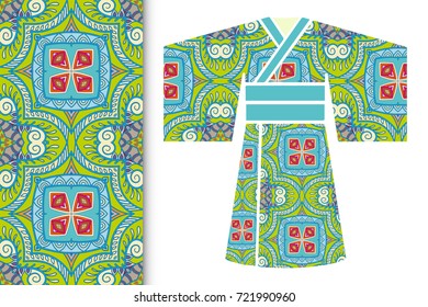 Vector fashion illustration. Stylized Japanese kimono ethnic clothes and colorful seamless doodle pattern. Hand drawn repeating texture, floral geometric ornament. Isolated design elements