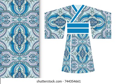 Vector fashion illustration. Stylized Japanese kimono ethnic clothes and colorful seamless doodle pattern. Hand drawn repeating texture, floral geometric ornament. Isolated design elements
