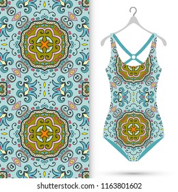 Vector fashion illustration, summer time background. Women's swimsuit model and colorful seamless pattern for textile fabric, paper print, invitation or business card design. Isolated elements