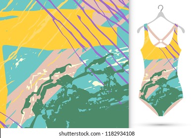 Vector fashion illustration, summer time background. Women's swimsuit model and colorful abstract art painting for textile fabric, paper print, invitation or business card design. Isolated elements