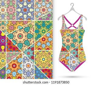 Vector fashion illustration, summer time background. Women's swimsuit model and colorful patchwork quilt pattern for textile fabric, paper print, invitation or business card design. Isolated elements