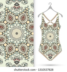 Vector fashion illustration, summer time background. Women's swimsuit model and colorful seamless pattern for textile fabric, paper print, invitation or business card design. Isolated elements