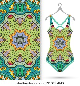 Vector fashion illustration, summer time background. Women's swimsuit model and colorful seamless pattern for textile fabric, paper print, invitation or business card design. Isolated elements