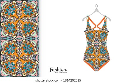 Vector fashion illustration, summer time background. Women's swimsuit model and colorful seamless pattern for textile fabric, paper print, invitation or business card design. Isolated elements