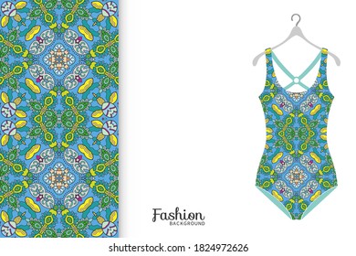Vector fashion illustration, summer time background. Women's swimsuit model and colorful seamless pattern for textile fabric, paper print, invitation or business card design. Isolated elements