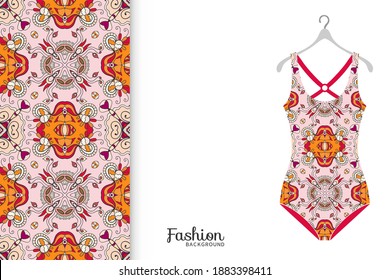 Vector fashion illustration, summer time background. Women's swimsuit model and colorful seamless pattern for textile fabric, paper print, invitation or business card design. Isolated elements