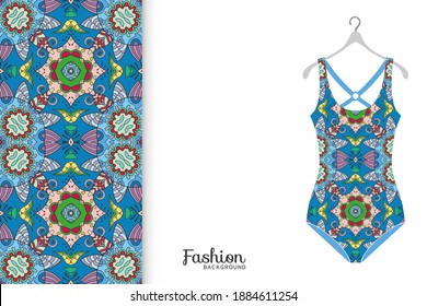 Vector fashion illustration, summer time background. Women's swimsuit model and colorful seamless pattern for textile fabric, paper print, invitation or business card design. Isolated elements