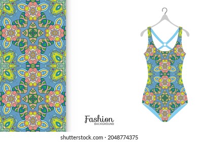 Vector fashion illustration, summer time background. Women's swimsuit model and colorful seamless pattern for textile fabric, paper print, invitation or business card design. Isolated elements