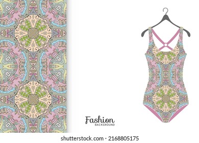 Vector fashion illustration, summer time background. Women's swimsuit model and colorful seamless pattern for textile fabric, paper print, invitation or business card design. Isolated elements