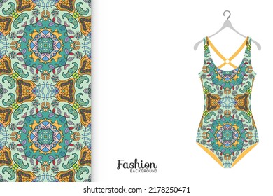 Vector fashion illustration, summer time background. Women's swimsuit model and colorful seamless pattern for textile fabric, paper print, invitation or business card design. Isolated elements