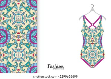 Vector fashion illustration, summer time background. Women's swimsuit model and colorful seamless pattern for textile fabric, paper print, invitation or business card design. Isolated elements