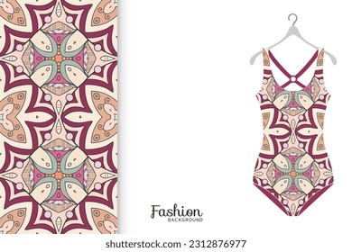 Vector fashion illustration, summer time background. Women's swimsuit model and colorful seamless pattern for textile fabric, paper print, invitation or business card design. Isolated elements