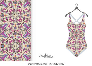 Vector fashion illustration, summer time background. Women's swimsuit model and colorful seamless pattern for textile fabric, paper print, invitation or business card design. Isolated elements