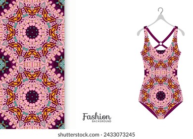 Vector fashion illustration, summer time background. Women's swimsuit model and colorful seamless pattern for textile fabric, paper print, invitation or business card design. Isolated elements