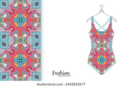 Vector fashion illustration, summer time background. Women's swimsuit model and colorful seamless pattern for textile fabric, paper print, invitation or business card design. Isolated elements