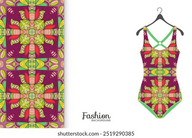 Vector fashion illustration, summer time background. Women's swimsuit model and colorful seamless pattern for textile fabric, paper print, invitation or business card design. Isolated elements