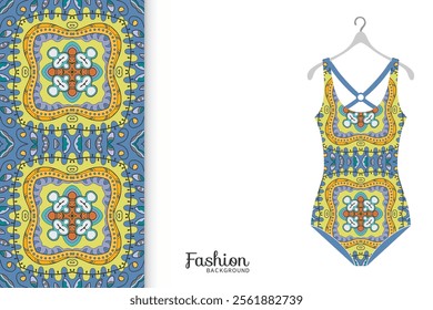 Vector fashion illustration, summer time background. Women's swimsuit model and colorful seamless pattern for textile fabric, paper print, invitation or business card design. Isolated elements