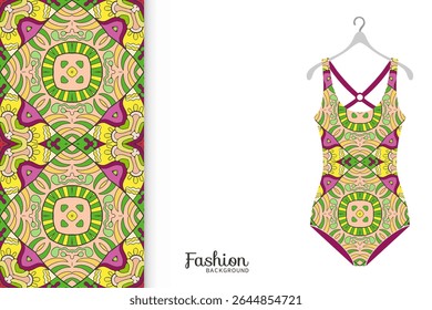 Vector fashion illustration, summer time background. Women's swimsuit model and colorful seamless pattern for textile fabric, paper print, invitation or business card design. Isolated elements