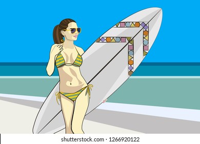 Vector fashion illustration of a surfer girl with a surfboard