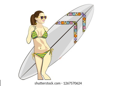 Vector fashion illustration of a surfer girl with a surfboard