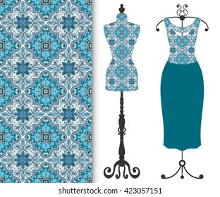Vector fashion illustration, tailor's dummy for female body, women's dress on a hanger and seamless floral geometric pattern with repeating texture. Isolated elements for print, invitation card design