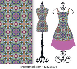 Vector fashion illustration, tailor's dummy for female body, women's dress on a hanger and seamless floral geometric pattern with repeating texture. Isolated elements for print, invitation card design