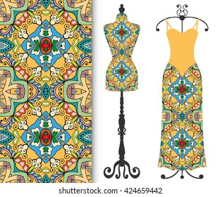 Vector fashion illustration, tailor's dummy for female body, women's dress on a hanger and seamless floral geometric pattern with repeating texture. Isolated elements for print, invitation card design