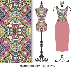 Vector fashion illustration, tailor's dummy for female body, women's dress on a hanger and seamless floral geometric pattern with repeating texture. Isolated elements for print, invitation card design