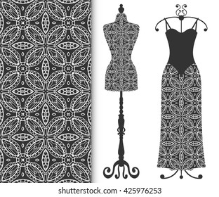 Vector fashion illustration, tailor's dummy for female body, women's black lace dress on a hanger, seamless floral geometric pattern, repeating texture. Isolated elements for print, invitations, cards