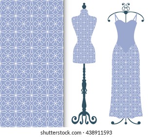 Vector fashion illustration, tailor's dummy for female body, women's dress on a hanger and seamless geometric line pattern with repeating texture. Isolated elements for print, invitation, card design