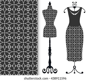 Vector fashion illustration, tailor's dummy for female body, women's dress on a hanger and seamless geometric line pattern with repeating texture. Isolated elements for print, invitation, card design