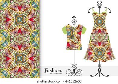Vector fashion illustration, tailor's dummy for female body, women's dress on a hanger and seamless floral geometric pattern with repeating texture. Isolated elements for print, invitation card design