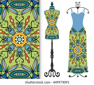 Vector fashion illustration, tailor's dummy for female body, women's dress on a hanger and seamless floral geometric pattern with repeating texture. Isolated elements for print, invitation card design