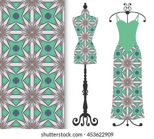Vector fashion illustration, tailor's dummy for female body, women's dress on a hanger and seamless floral geometric pattern with repeating texture. Isolated elements for print, invitation card design